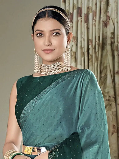 Dazzling Teal Green Swaroski Diamond Silk Party Wear Saree